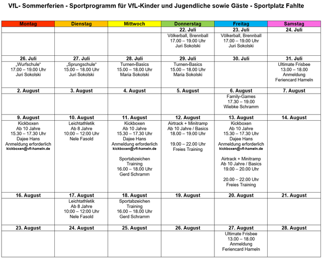 VfL Hameln Sommersportprogramm 2021